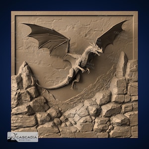 Dragão em voo - Imagem PNG 4K gravada a laser, mapa de profundidade, ilusão 3D em ardósia de madeira - animal de fogo, castelo medieval mítico, 1987