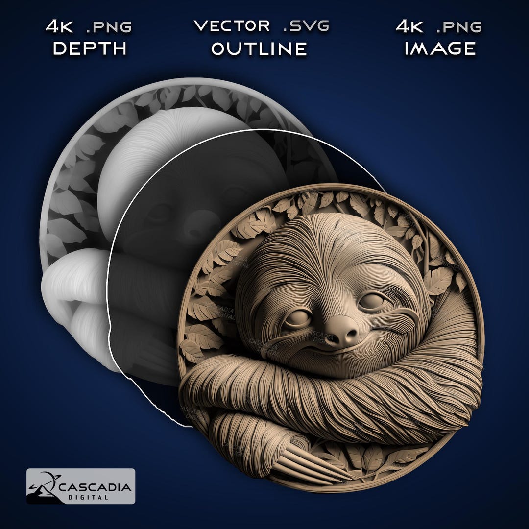 Sloth Round - Laser PNG, Depth Map, and SVG for Glowforge and Lightburn ...