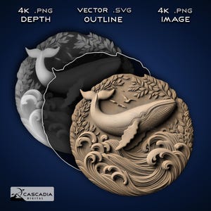 May include: A 3D relief carving of a whale leaping out of the water, surrounded by stylized waves and foliage. The carving is made of a light brown material and has a detailed, textured surface.