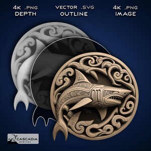 May include: A 3D model of a shark with intricate carvings, surrounded by swirling patterns, in a circular frame. The model is rendered in a light brown color.