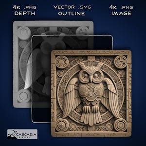 Búho azteca: imagen PNG 4K grabada con láser, mapa de profundidad, archivo de corte de contorno exacto, ilusión 3D: pájaro maya de México y Brasil, 1870