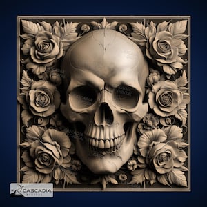 Schädelblumen - Lasergravur 4K PNG Bild, Tiefenkarte, Holz Schiefer 3D Illusion - Halloween Skelett Gothic Death 1454
