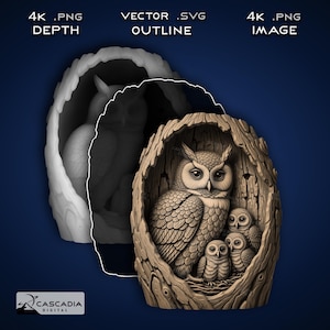 Puede incluir: Ilustración detallada de una familia de búhos anidando en el hueco de un árbol. La imagen presenta un búho padre con dos crías, en tonos marrones y grises. El texto "4K .PNG IMAGE" es visible.