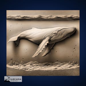 May include: A detailed, 3D relief sculpture of a humpback whale swimming underwater. The whale is carved in a light brown color and appears to be swimming towards the viewer. The background is a light brown color and features a textured surface that resembles the ocean floor.