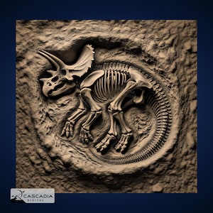 Triceratops Fossil Full - Imagem PNG 4K gravada a laser, mapa de profundidade, ilusão 3D de ardósia de madeira - esqueleto de animal dinossauro Dino jurássico 1270