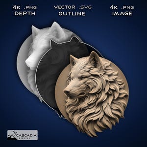 Testa di lupo - Immagine PNG 4K incisa al laser, mappa di profondità, file di taglio con contorni esatti, illusione 3D - Animale selvatico natura cane volpe kitsune 1388