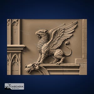 May include: A tan-colored relief sculpture featuring a griffin with large, detailed wings and a feathered body standing on a stone ledge. Below the ledge, a small gargoyle head is visible. The background shows architectural stone wall elements.