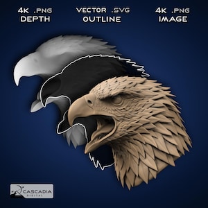 Cabeza de águila: imagen PNG 4K grabada con láser, mapa de profundidad, archivo de corte de contorno exacto, ilusión 3D: halcón, pájaro, animal, patriótico, 1941