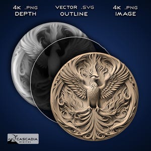 Phoenix Round - Lasergravur 4K PNG Bild, Tiefenkarte, Exact-Outline Cut File, 3D Illusion - Mythisches Tier Vogel Untersetzer Münze 1252