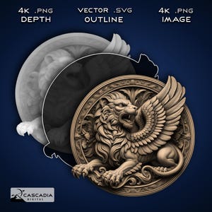 Può includere: Un modello 3D di una scultura di leone alato con dettagli intricati. Il leone è raffigurato con un'espressione feroce e ali spiegate. La scultura è posizionata su uno sfondo blu.