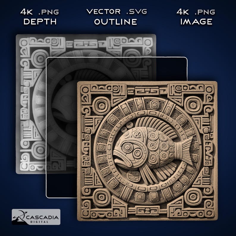 Aztec Runes Fish Fish Aztec - Laser PNG, Depth Map, and SVG for Glowforge and Lightburn ...