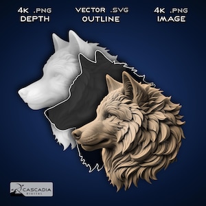 Puede incluir: Un modelo 3D de la cabeza de un lobo, mostrado en tres etapas de creación. La primera imagen muestra un modelo 3D blanco de la cabeza del lobo. La segunda imagen muestra un contorno negro de la cabeza del lobo. La tercera imagen muestra un modelo 3D detallado de la cabeza del lobo, con pelo y rasgos realistas.