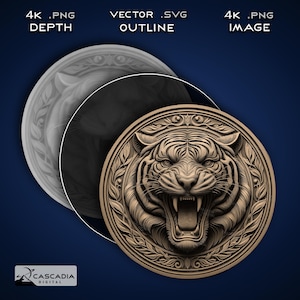 Puede incluir: Un modelo 3D detallado de la cabeza de un tigre con un marco circular ornamentado. La boca del tigre está abierta, revelando dientes afilados. El marco está decorado con intrincados diseños florales.