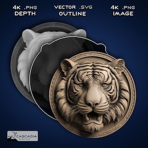 Puede incluir: Un modelo 3D de la cabeza de un tigre, renderizado en un estilo realista. El tigre tiene un pelaje rayado blanco y negro, con una cara detallada y la boca abierta. El modelo se coloca sobre un fondo azul oscuro, con las palabras "4K .PNG DEPTH", "VECTOR .SVG OUTLINE" y "4K .PNG IMAGE" mostradas encima del modelo.