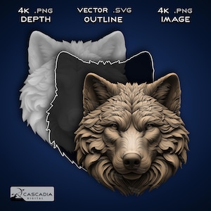 Wolf hoofd - lasergraveren 4K png-afbeelding, dieptekaart, gesneden bestand met exacte omtreklijnen, 3D-illusie - dieren in het wild natuur hondenvos kitsune 1386