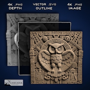 Búho Azteca - Imagen PNG 4K grabada con láser, mapa de profundidad, archivo de corte de contorno exacto, ilusión 3D - ave maya de México y Brasil, 1867
