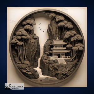 May include: A 3D papercraft sculpture of a Japanese temple nestled in a mountain landscape with a waterfall flowing down the side. The sculpture is made of brown paper and is set against a white background.