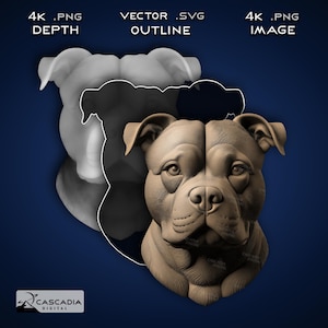 Amstaff Pitbull Kopf - Lasergravur 4K PNG Bild, Tiefenkarte, Exact-Outline Cut File, 3D Illusion - Pittie Staffordshire Hund Wolf 1509