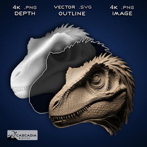 Puede incluir: Un modelo 3D de una cabeza de dinosaurio, renderizado en un estilo realista. El modelo se muestra en tres etapas de finalización: un mapa de profundidad blanco, un contorno negro y un modelo completamente renderizado y texturizado.