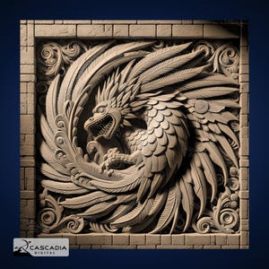 Quetzalcoatl Schlangenvogel - Lasergravur 4K PNG Bild, tiefen Karte, Holz Schiefer 3D Illusion - mexikanischer aztekischer mythischer 1360