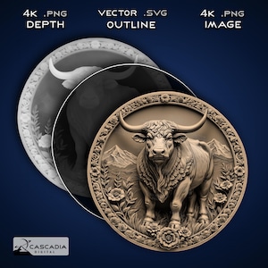 May include: A 3D relief carving of a bull's head with horns, surrounded by flowers and mountains. The carving is in a circular frame with a detailed floral design. The bull is brown and white, and the background is a light brown.