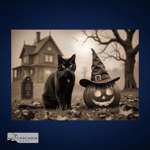 Puede incluir: Un gato negro se sienta frente a una casa espeluznante con una calabaza tallada que lleva un sombrero de bruja. La escena está ambientada en un cementerio con hojas caídas y niebla.