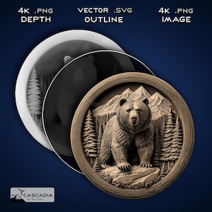 Posavasos redondo con forma de oso grizzly: imagen PNG 4K grabada con láser, mapa de profundidad, archivo de corte de contorno exacto, ilusión 3D: moneda de naturaleza salvaje de animales 1755