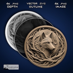 Wolf Round - Laser gravieren 4K PNG Bild, Tiefe Karte, Exact-Outline Cut File, 3D Illusion - Coaster Münze Tier Wildtiere Hund Fuchs 1256