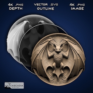 Bat Round - Immagine PNG 4K incisa al laser, mappa di profondità, file di taglio con contorni esatti, illusione 3D - Moneta di Halloween con animali selvatici e natura 1534