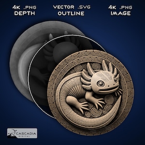 May include: A detailed illustration of an axolotl within a circular, ancient-style design. The axolotl is beige, with a detailed pattern. The design includes the text "4K .PNG DEPTH", "VECTOR .SVG OUTLINE", and "4K .PNG IMAGE". The Cascadia Digital logo is in the lower left.