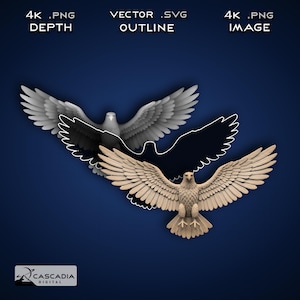 Adlerflügelverbreitung - Lasergravur 4K PNG Bild, Tiefe Karte, Exact-Outline Cut File, 3D Illusion - Animal Wildlife Habicht Vogel patriotisch 1955