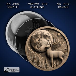 Ciervo Luna Redonda - Imagen PNG 4K grabada con láser, mapa de profundidad, archivo de corte de contorno exacto, ilusión 3D - Moneda de caza de ciervos de la naturaleza animal 1523