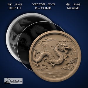 May include: A circular digital relief design featuring a detailed dragon in a landscape with mountains, trees, and water. The image includes text labels for 4K .PNG DEPTH, VECTOR .SVG OUTLINE, and 4K .PNG IMAGE, with a CASCADIA DIGITAL logo at the bottom.