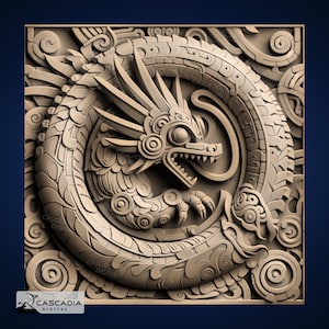 Quetzalcoatl Schlangenvogel - Lasergravur 4K PNG Bild, tiefen Karte, Holz Schiefer 3D Illusion - mexikanischer aztekischer mythischer 1359