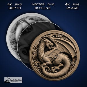 May include: A detailed 3D rendering of a dragon with intricate wings and scales, set against a circular background with ornate floral designs. The dragon is depicted in a bronze color, with a textured surface.