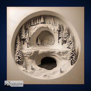Cueva de árboles perennes congelados: imagen PNG 4K grabada con láser, mapa de profundidad, ilusión 3D de pizarra de madera: ilusión de diorama de nieve invernal 1684