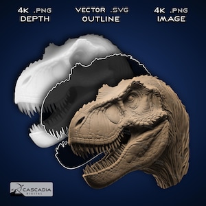 Puede incluir: Un modelo 3D de una cabeza de Tyrannosaurus Rex, mostrado en tres vistas diferentes: un mapa de profundidad blanco, un contorno negro y una imagen texturizada marrón detallada. La imagen está etiquetada como "4K .PNG DEPTH", "VECTOR .SVG OUTLINE" y "4K .PNG IMAGE".