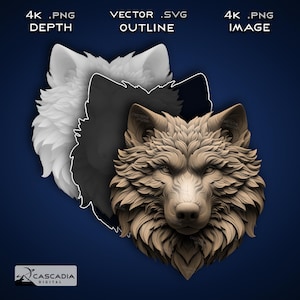 Puede incluir: Un modelo 3D de la cabeza de un lobo, mostrado en tres etapas de creación diferentes. La primera imagen muestra un modelo 3D blanco de la cabeza del lobo. La segunda imagen muestra un modelo 3D negro de la cabeza del lobo. La tercera imagen muestra un modelo 3D detallado de la cabeza de un lobo con pelo, de color marrón claro.