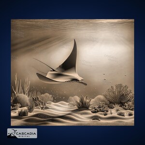 May include: A sepia-toned photograph of a manta ray swimming in the ocean. The ray is in the center of the image, with coral reefs and sand visible in the background.