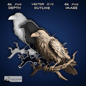 Raven Perched - Lasergravur 4K PNG Bild, Tiefenkarte, Exact-Outline Cut File, 3D Illusion - Tiertiere Vogel Natur Bas Relief 1404