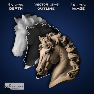 May include: A 3D model of a horse's head, shown in three different views: a white depth map, a black outline, and a detailed, textured image. The horse's head is sculpted in a realistic style, with flowing mane and detailed facial features.