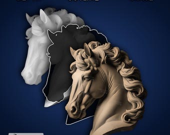 Cabeça de cavalo - Imagem PNG 4K gravada a laser, mapa de profundidade, arquivo de corte de contorno exato, ilusão 3D - Animal vida selvagem natureza garanhão cowboy 1549