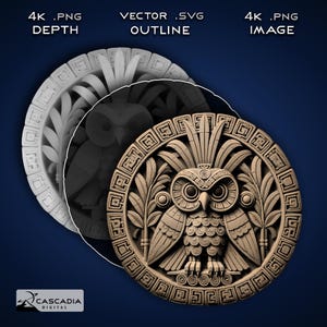 Búho Azteca Redondos - Imagen PNG 4K grabada con láser, mapa de profundidad, archivo de corte de contorno exacto, ilusión 3D - Moneda maya de México y Brasil, posavasos, pájaro, 1868