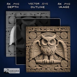 Eule Azteken - Lasergravur 4K PNG Bild, Tiefenkarte, Exact-Outline Cut File, 3D Illusion - Maya Mexiko Brasilien Vogel Antike 1866