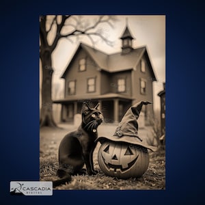 Puede incluir: Un gato negro se sienta junto a una calabaza tallada con un sombrero de bruja frente a una casa espeluznante.