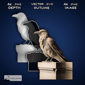 Raven Perched - Lasergravur 4K PNG Bild, Tiefenkarte, Exact-Outline Cut File, 3D Illusion - Tier Tierwelt Vogel Natur Bas Relief 1402