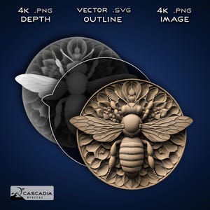 Op de afbeelding: Een gedetailleerde, 3D-gerenderde afbeelding van een bij, met ingewikkelde gravures in een cirkelvormig frame. De bij is het middelpunt, met zorgvuldig ontworpen vleugels en lichaam. De afbeelding bevat tekst: 4K .PNG DEPTH, VECTOR .SVG OUTLINE, en 4K .PNG IMAGE.