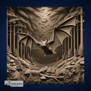 Murciélagos en el bosque: imagen PNG 4K grabada con láser, mapa de profundidad, ilusión 3D de pizarra de madera: animales, vida salvaje, naturaleza, Halloween, vampiros 1528