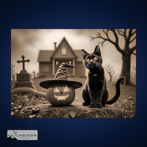 Puede incluir: Un gato negro se sienta en una roca junto a una calabaza tallada con un sombrero de bruja. La escena está ambientada en un cementerio con una casa espeluznante en el fondo.