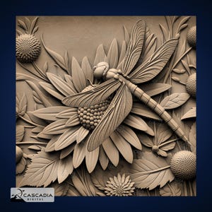 May include: A detailed relief carving of a dragonfly resting on a sunflower, surrounded by leaves and other flowers. The artwork is in a neutral beige tone, with intricate details and textures. The overall theme is nature and botanical art.